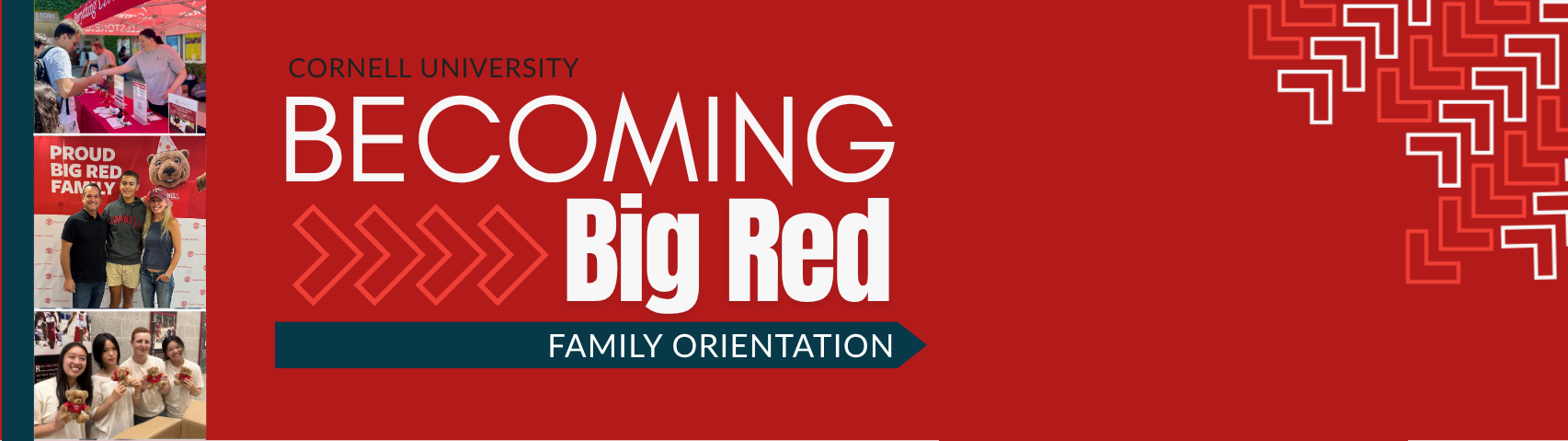 Red Banner with photos of families and text Becoming Big Red Family Orientation