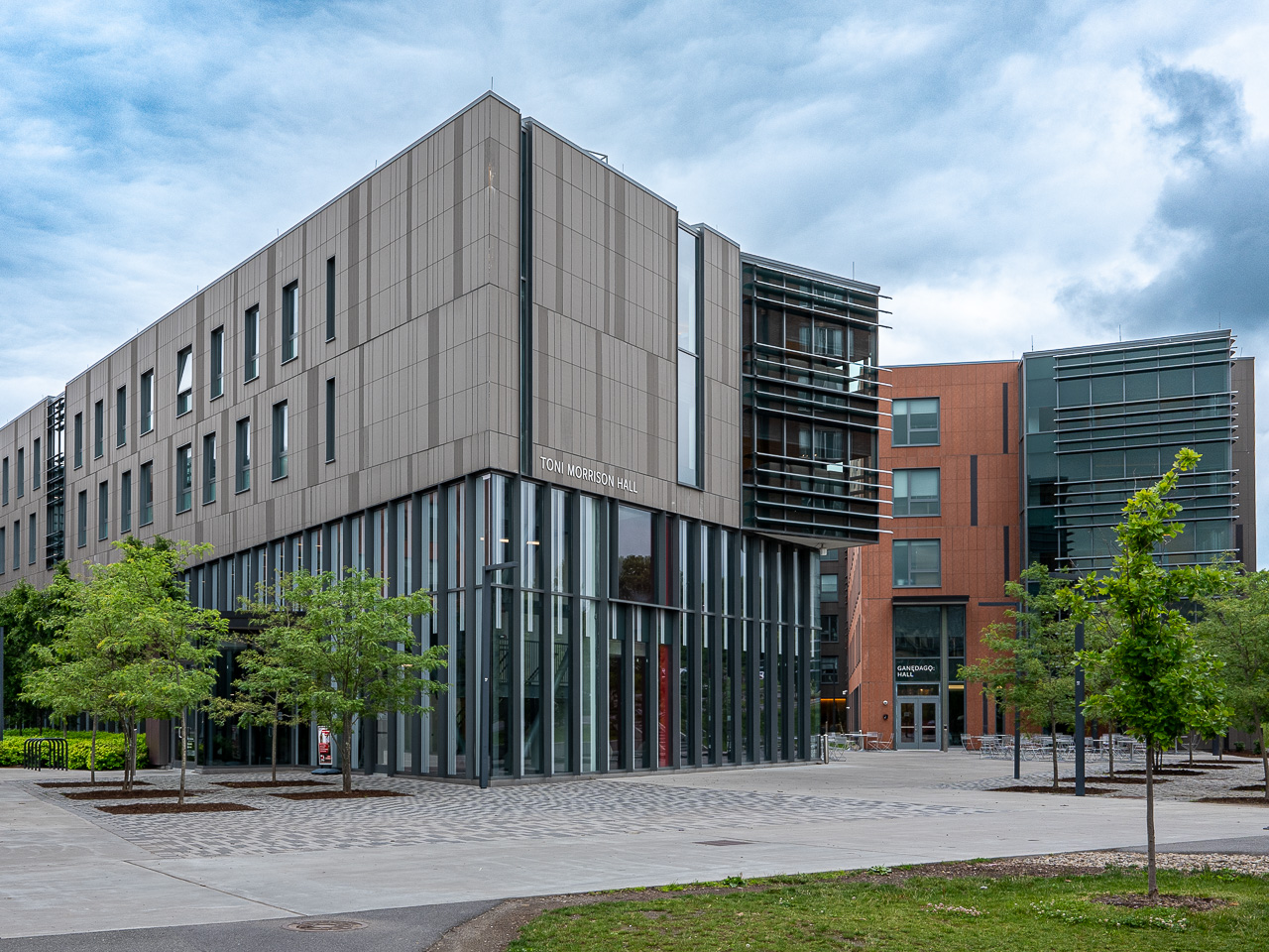 Mixed material building with a sign that reads Toni Morrison Hall