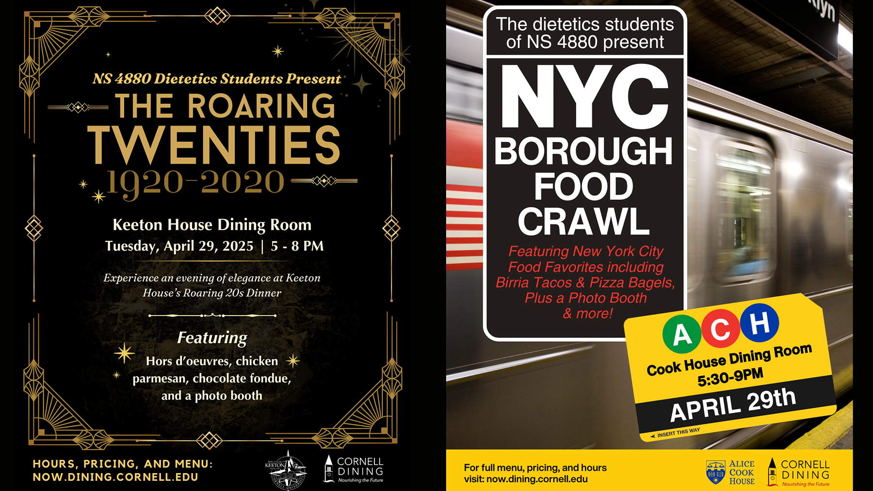 Posters for two dinners, the Roaring Twenties and NYC Borough Food Crawl