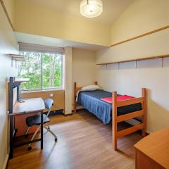 A bedroom with a twin bed, a desk, a chair, and a dresser.