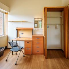 A Low Rise closet, dresser, desk, and chair.
