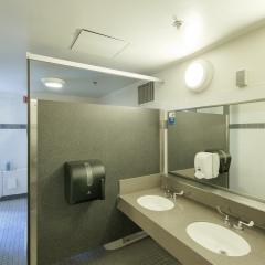 The sinks and bathroom stalls in Sheldon Court