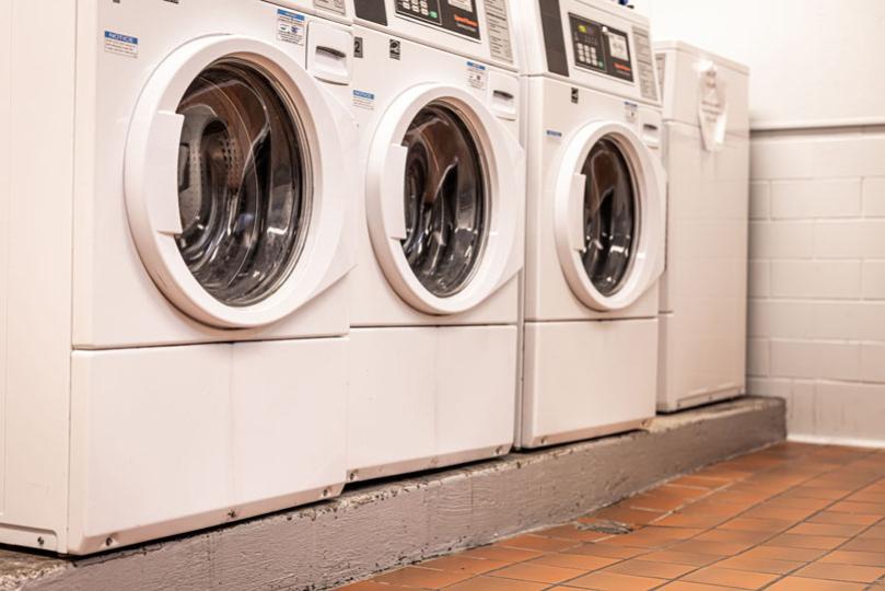 Low rise laundry room with front load washers.