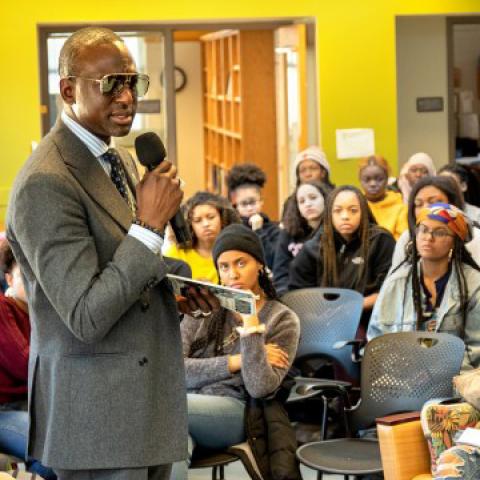 Yusef Salaam speaks to students during a roundtable discussion on social justice