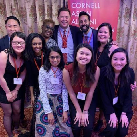 Cornell students (front row: YuAn Chen ’22, Wendy Lau ’22, Meera Shah ’20, Nadin Suliman ’23, Lily Kuang ’23) attended the CAAA annual banquet along with (back row, left to right) Daniel Hoddinott; Marla Love, senior associate dean of students, Diversity and Equity; Ryan Lombardi, vice president for Student & Campus Life; Dean Pendakur; and Nancy Martinsen.
