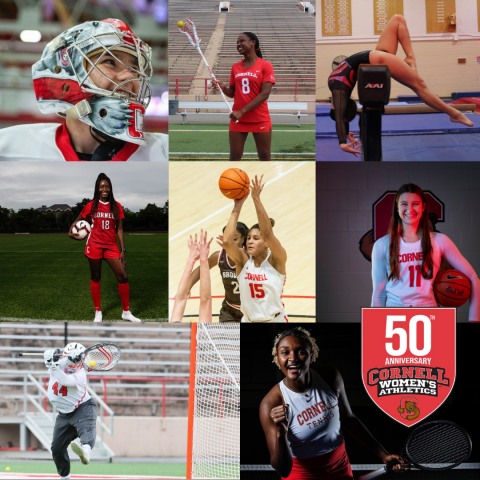 Headshots and action shots of eight women athletes interviewed for this article.