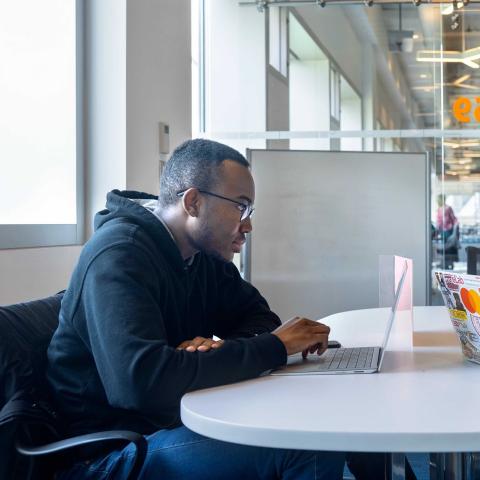 Students studying in library on computers