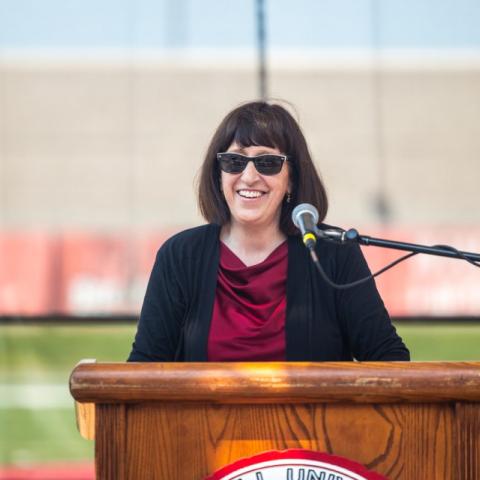Cornell University President Martha Pollack address students at convocation