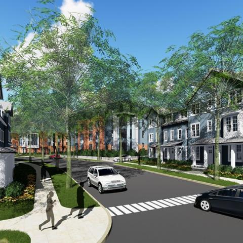 An artist's rendering of a building complex with people walking