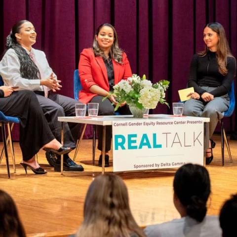 Michelle Reiss ’20, Danya Contreras ’13 and Laurel Thun ‘26 hold a discussion as part of the 2024 REALTALK speaker series.