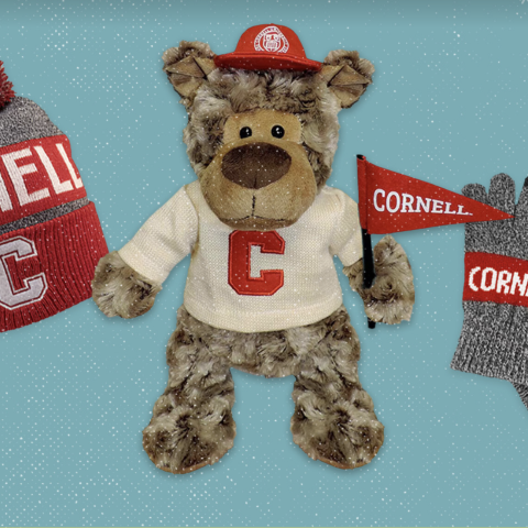 Cornell branded Christmas gifts of a hat, teddy bear, and gloves