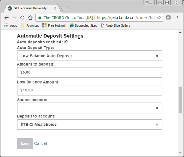 Screenshot of GET Deposit MealChoice Form. Details in text below.