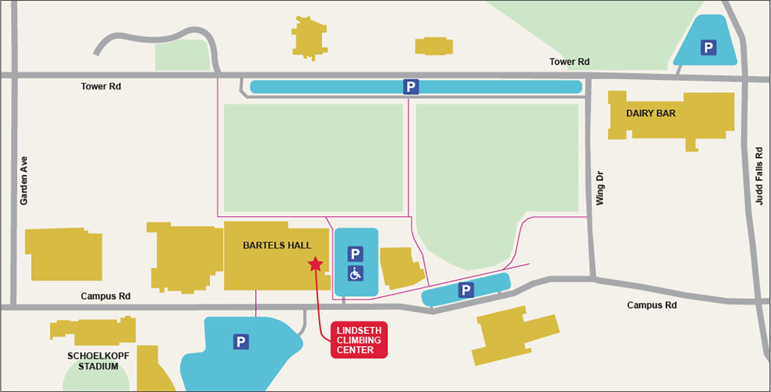 The Lindseth Climbing Center is located in Bartels Hall on the Cornell Ithaca campus.
