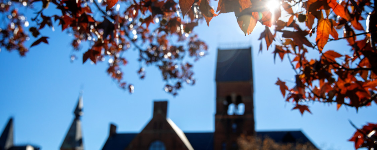 Leaves glow a bright Cornell red outside Barnes Hall.