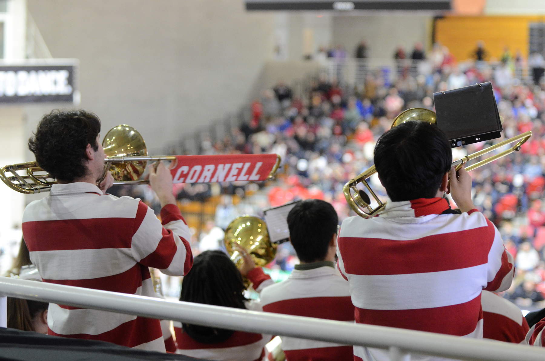 Several band members seen from behind, wearing red and white stripes, with fans in the stands in the background