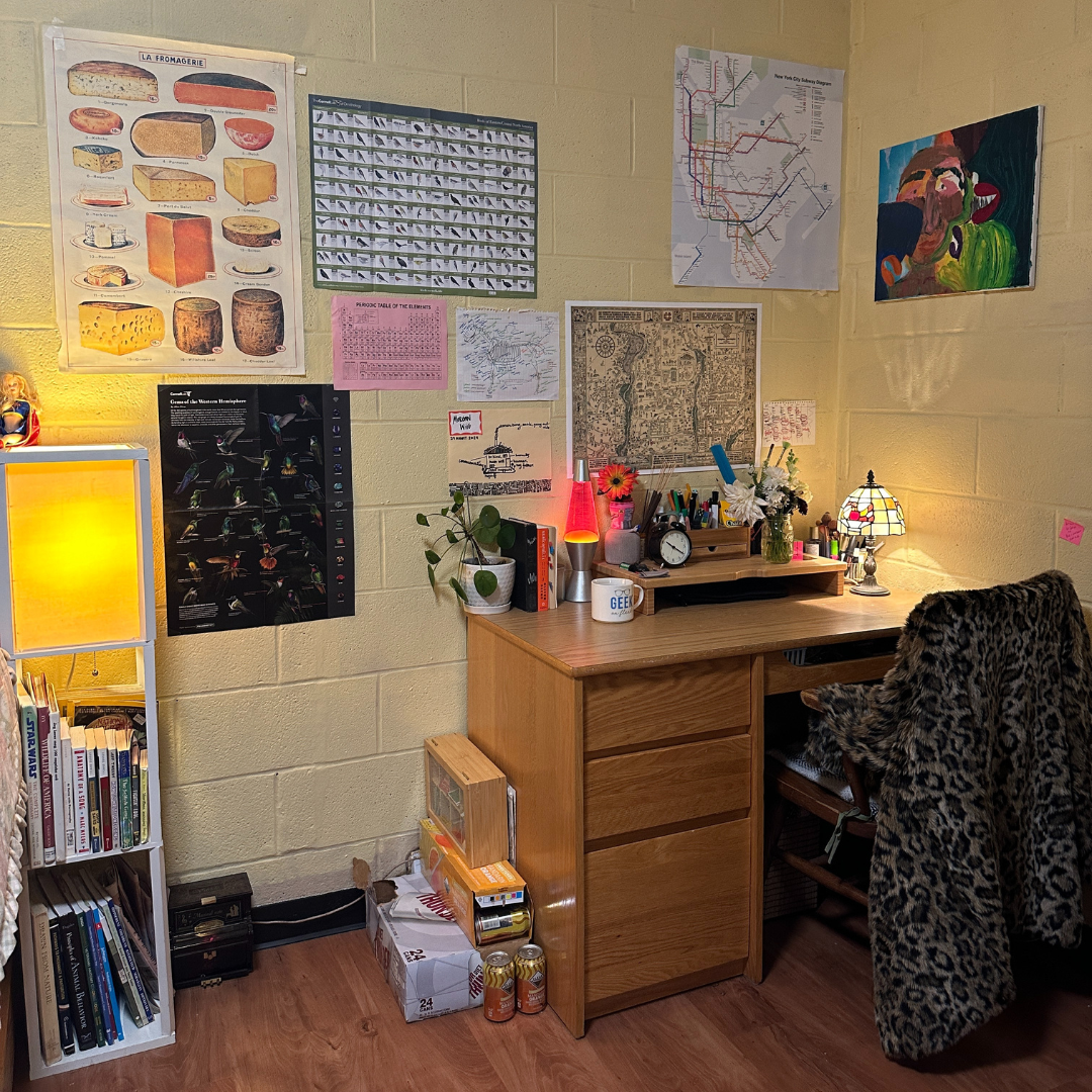 Desk with chair and posters on the wall