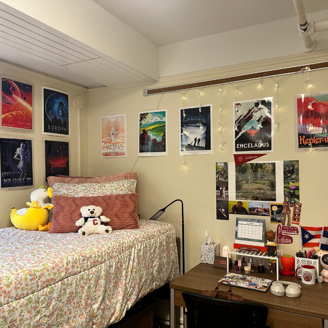 Bed with floral linens, wall posters, and desk with chair