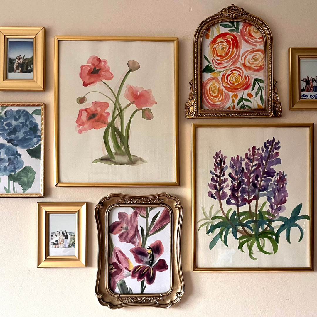 framed pictures of flowers on the wall