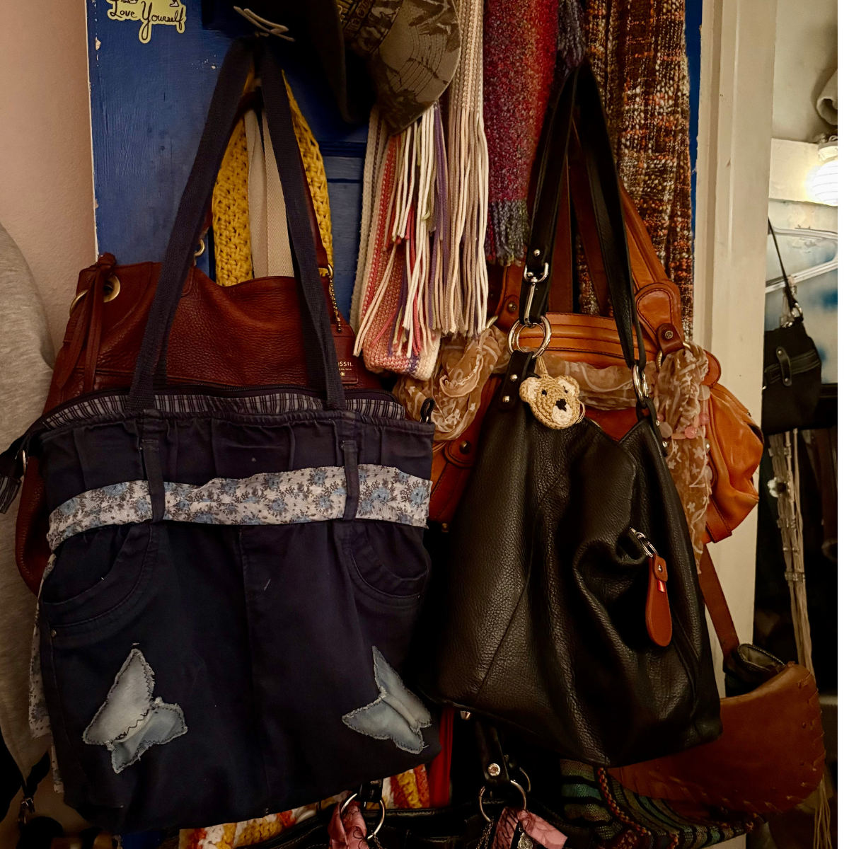 hooks on wall holding scarfs and pocket books