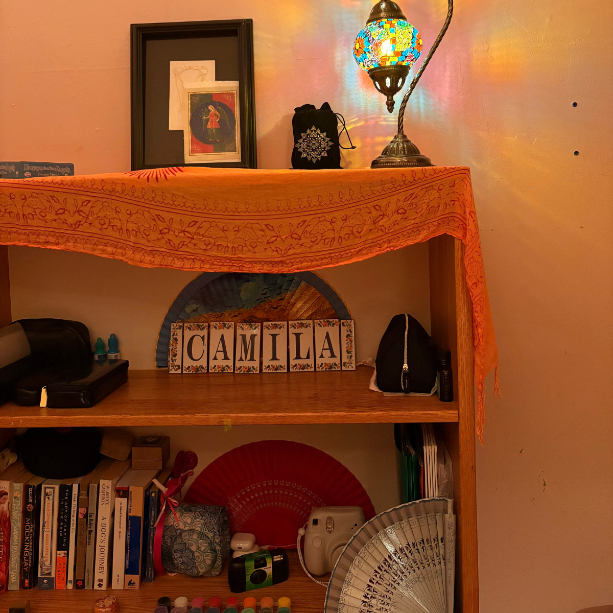Bookshelf with books, name spelled out in blocks, light and photo frame on top shelf
