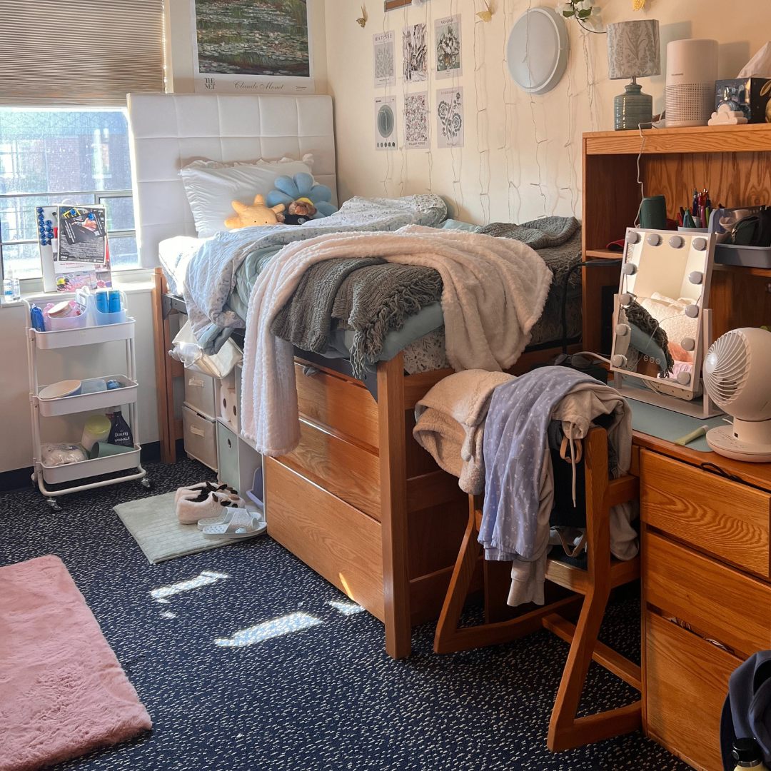 Student room picture bed, nightstand, desk and chair
