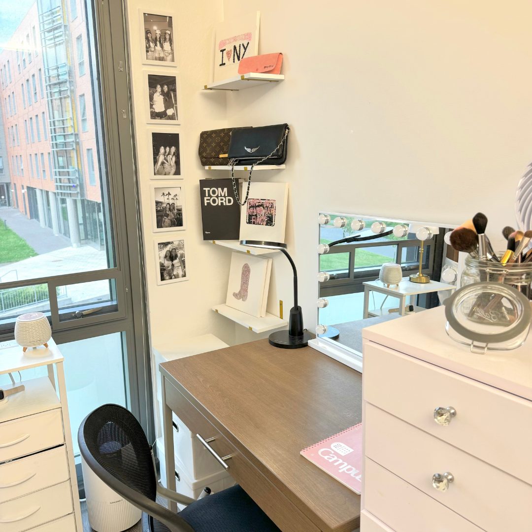 Desk, corner shelves, nightstand, photos running vertical alongside window