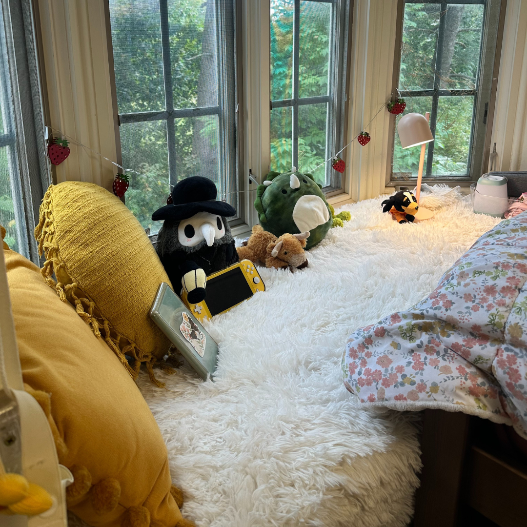 Bay window with fur rug and pillows