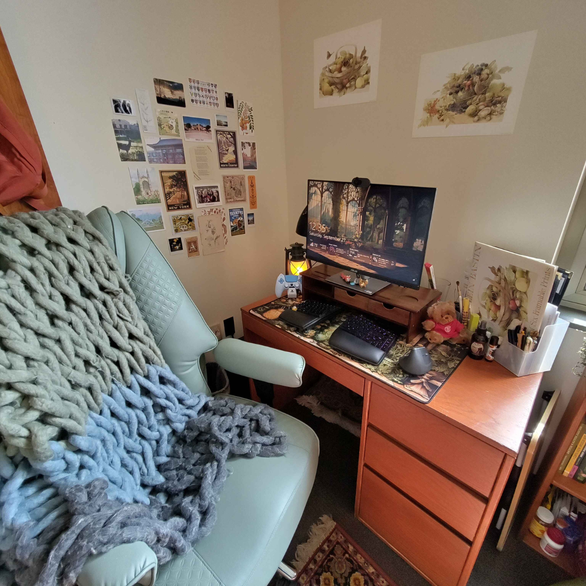 Photo of a desk with a monitor and desk chair