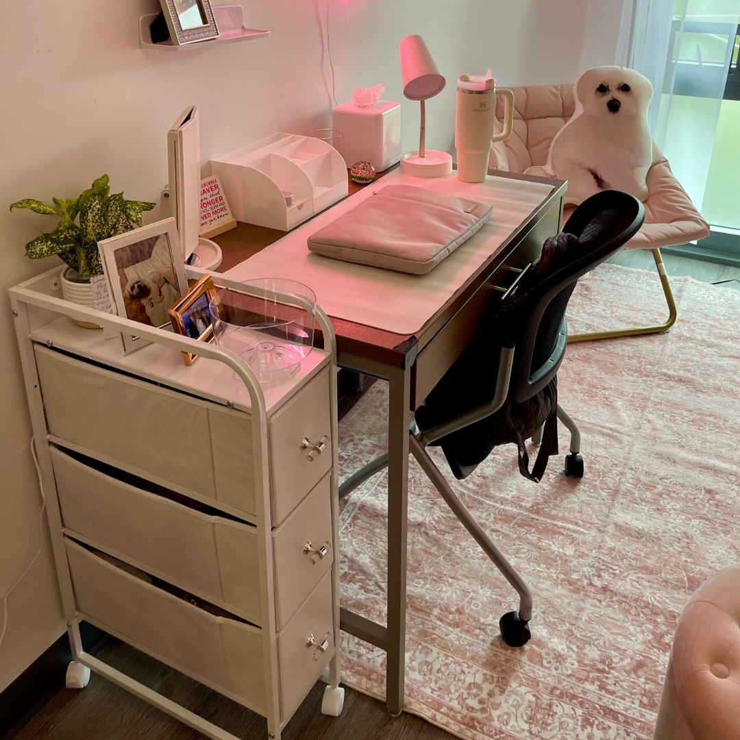 Student room picture desk with chair on top off a rug with chair in corner