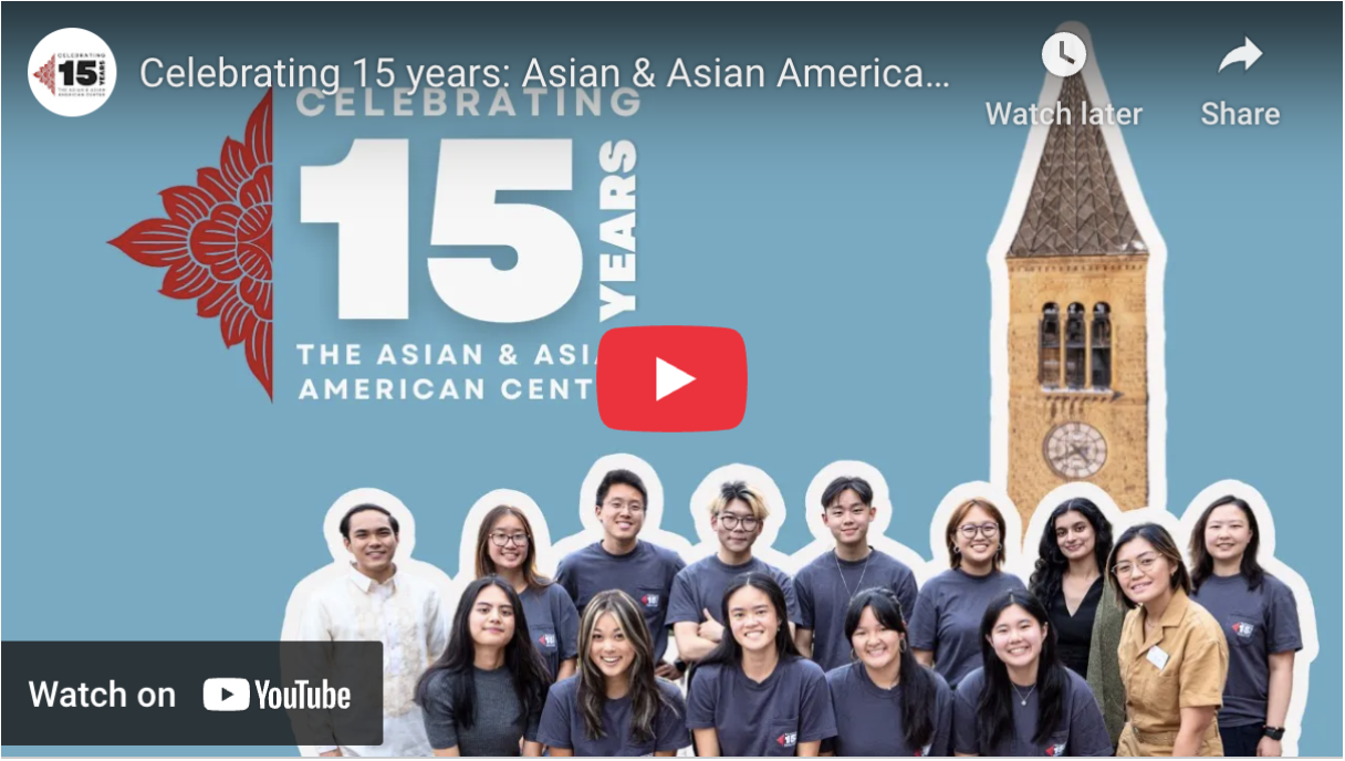 A cover photo for a Youtube video about A3C's 15th anniversary. Image features students standing in front of the clocktower.