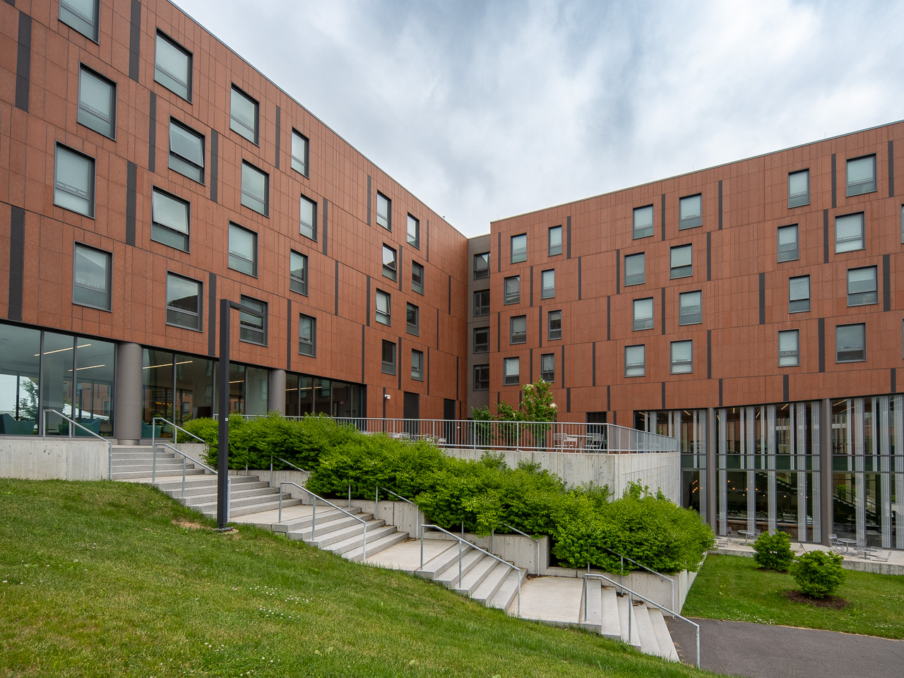 Stairs leading up to an entrance for a residence hall