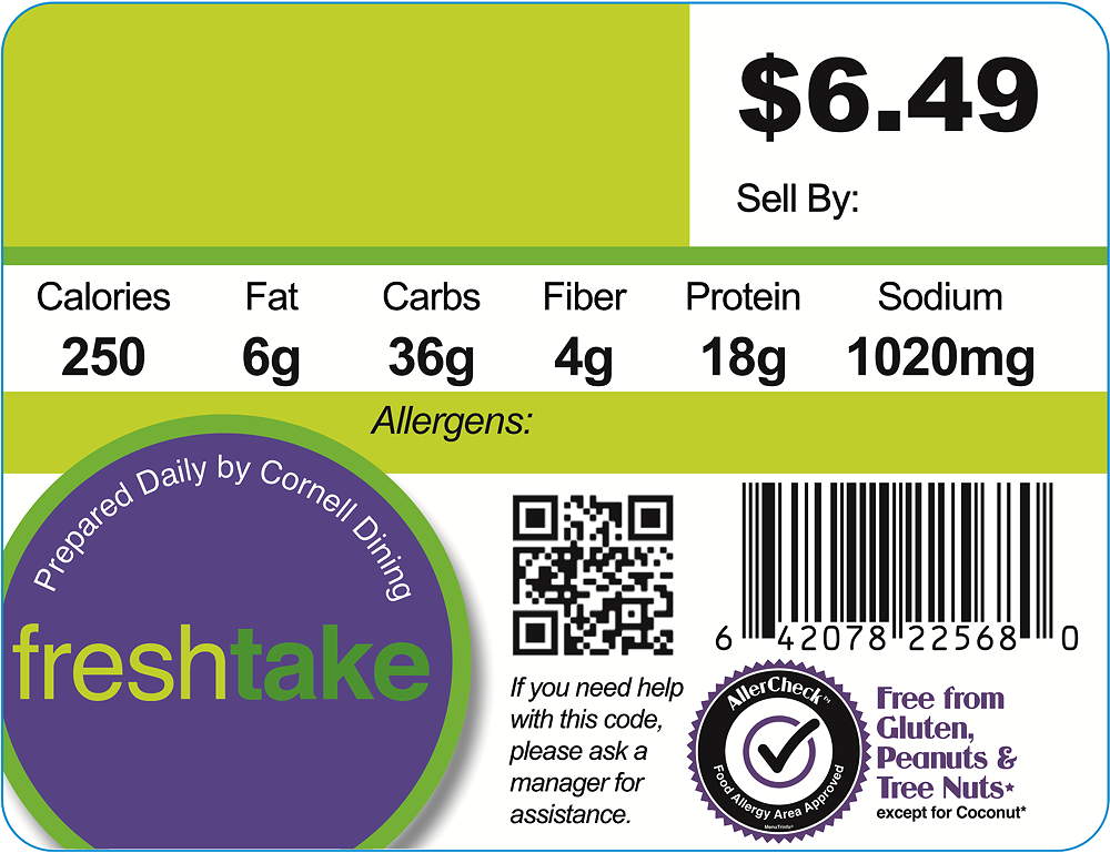 A Freshtake food label with nutrition info