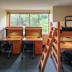 Two desks chairs and lamps under a window next to a lofted twin bed with a desk, chair, and lamp below, on blue carpet.