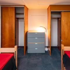 bedroom with two beds, drawers, closets and a window.