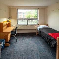 Single room with a bed, desk and chair, drawers, and a window.