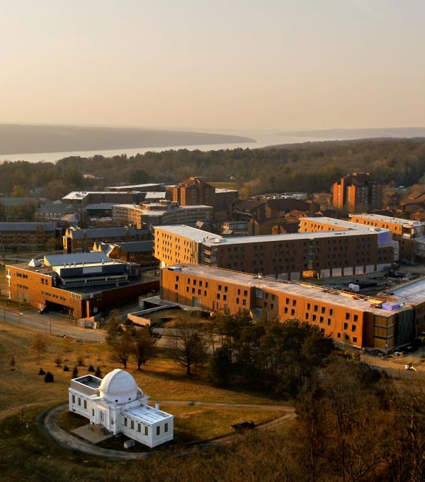 Aerial view of north campus with Cayuga Lake in background