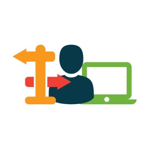 Image of a directional sign with arrows, a silhouette bust, and a laptop