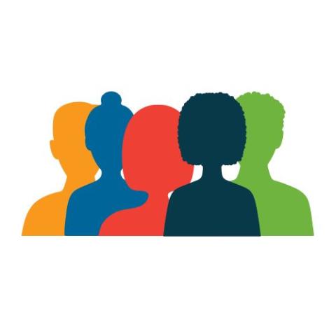 Yellow, blue, red, blue, and green bust silhouettes. 