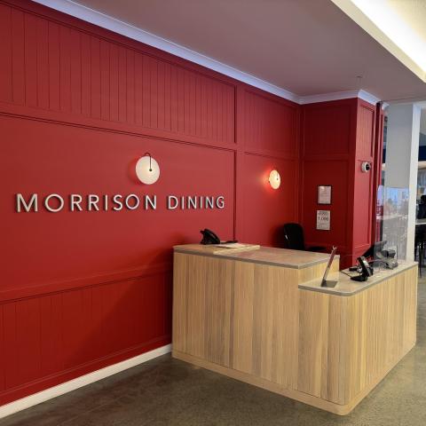 The entrance to Morrison Dining with a red wall