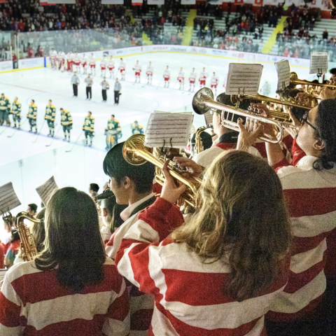Pep band playing at the hockey arena